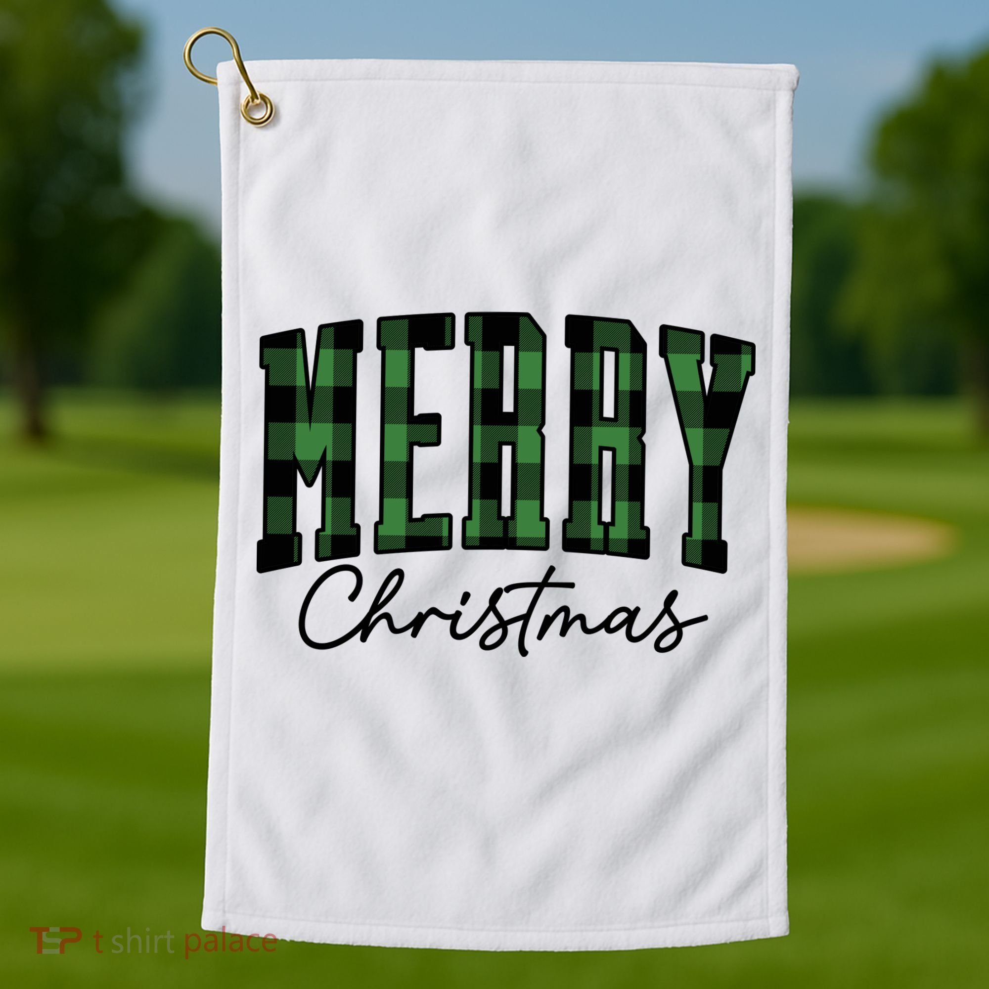 Merry Christmas Cool Green Plaid Golf Towel