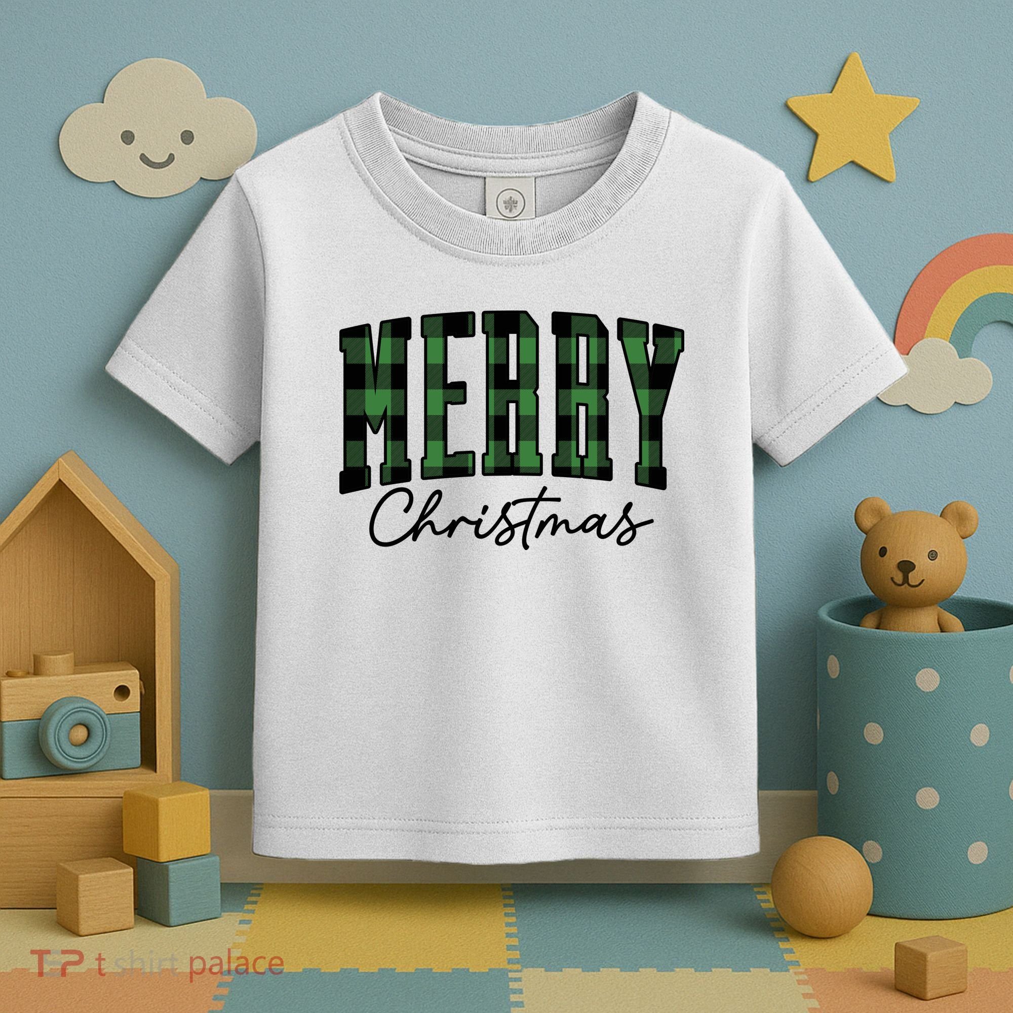 Merry Christmas Cool Green Plaid Toddler T-Shirt