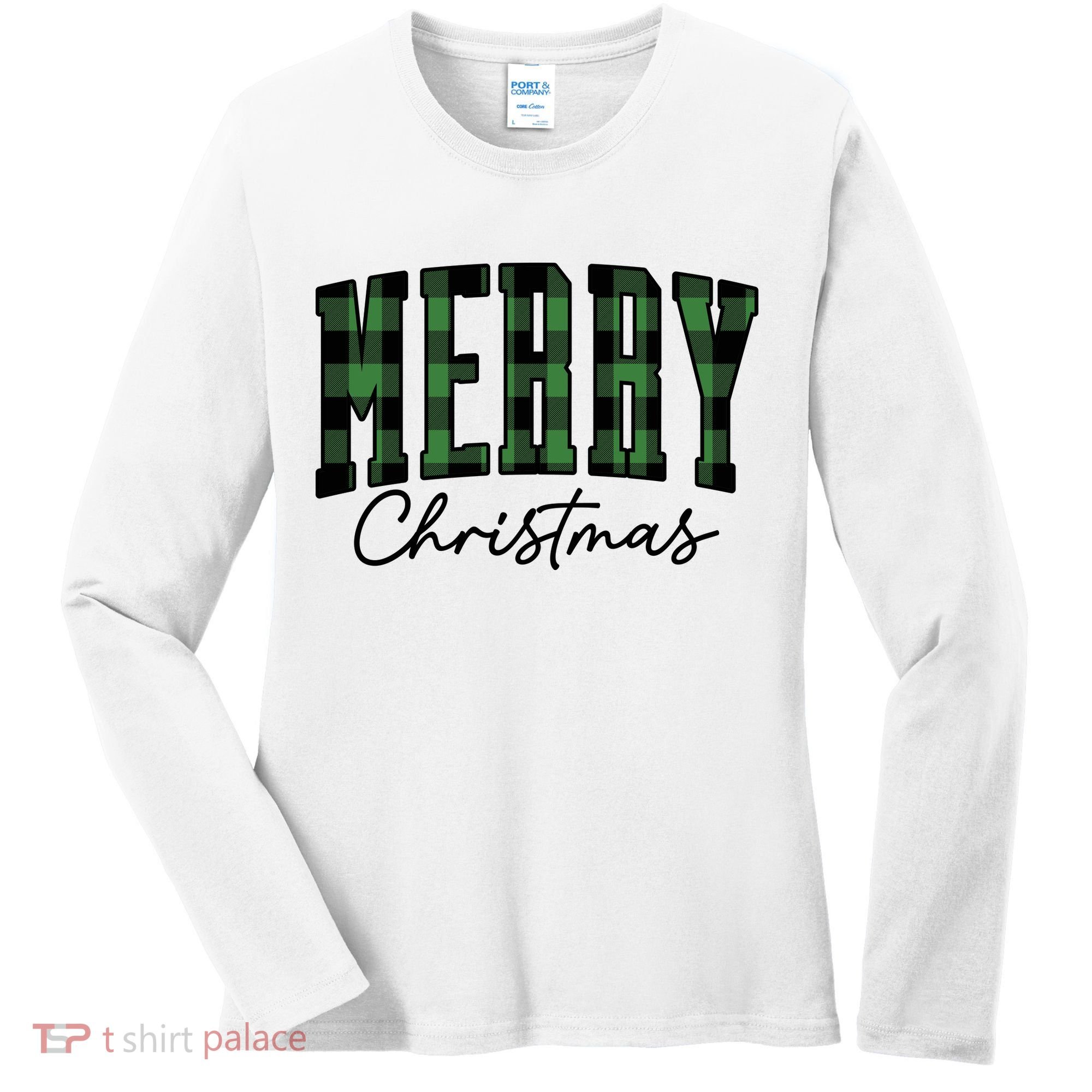 Merry Christmas Cool Green Plaid Women's Long Sleeve Shirt