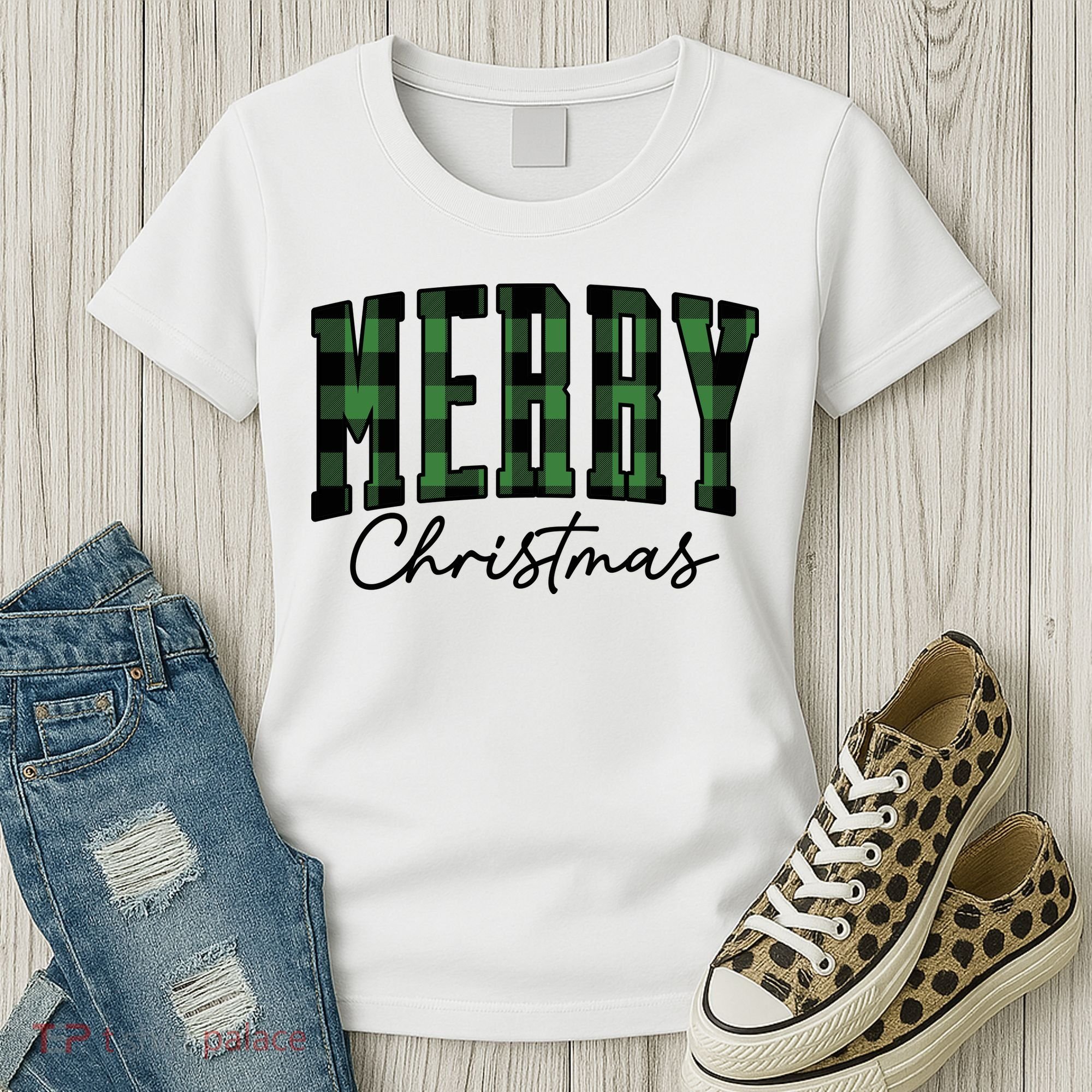 Merry Christmas Cool Green Plaid Women's T-Shirt