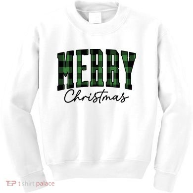 Merry Christmas Cool Green Plaid Kids Sweatshirt