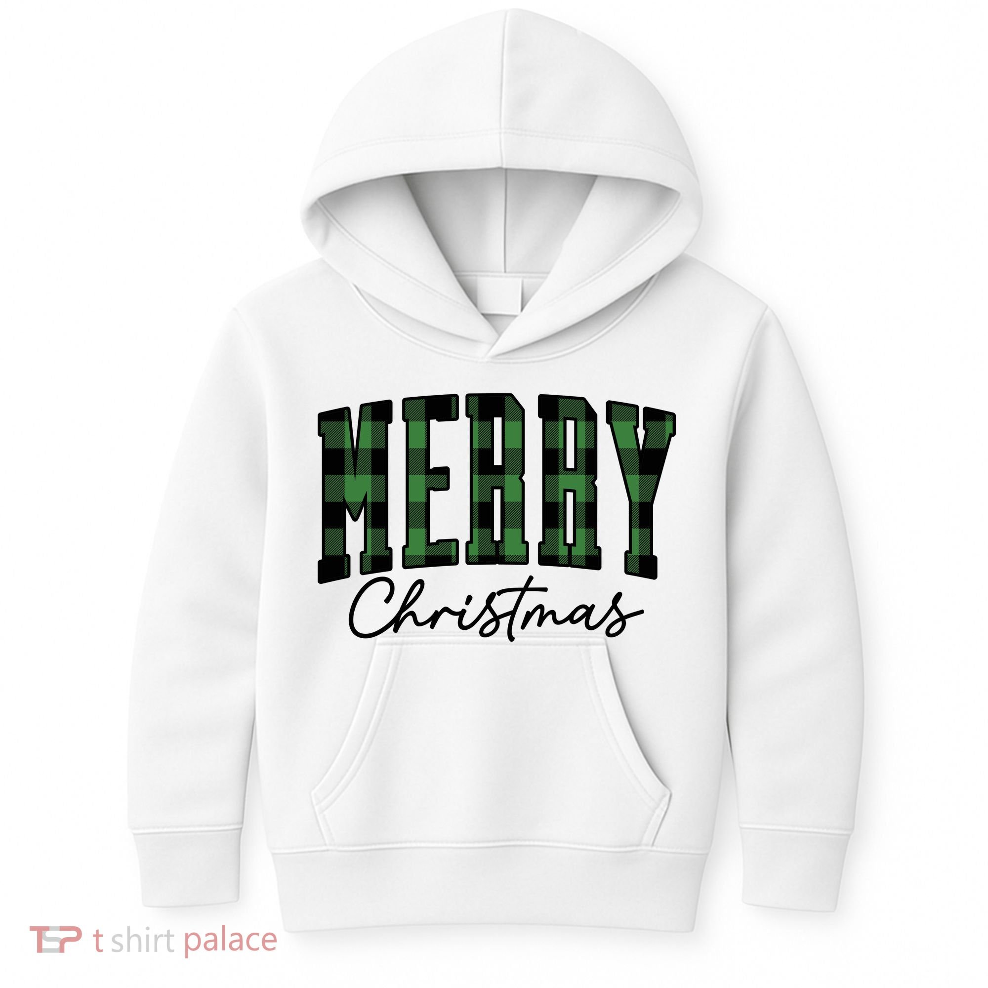 Merry Christmas Cool Green Plaid Kids Hoodie