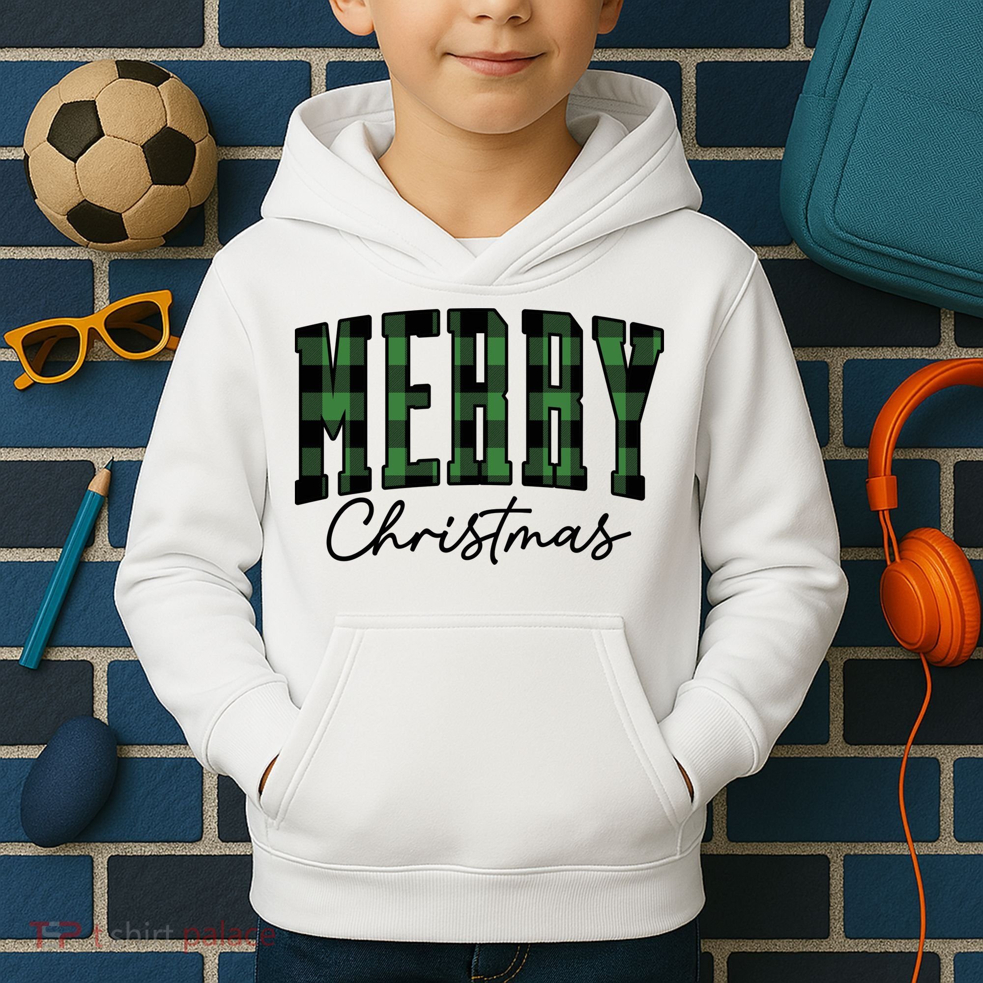 Merry Christmas Cool Green Plaid Kids Hoodie