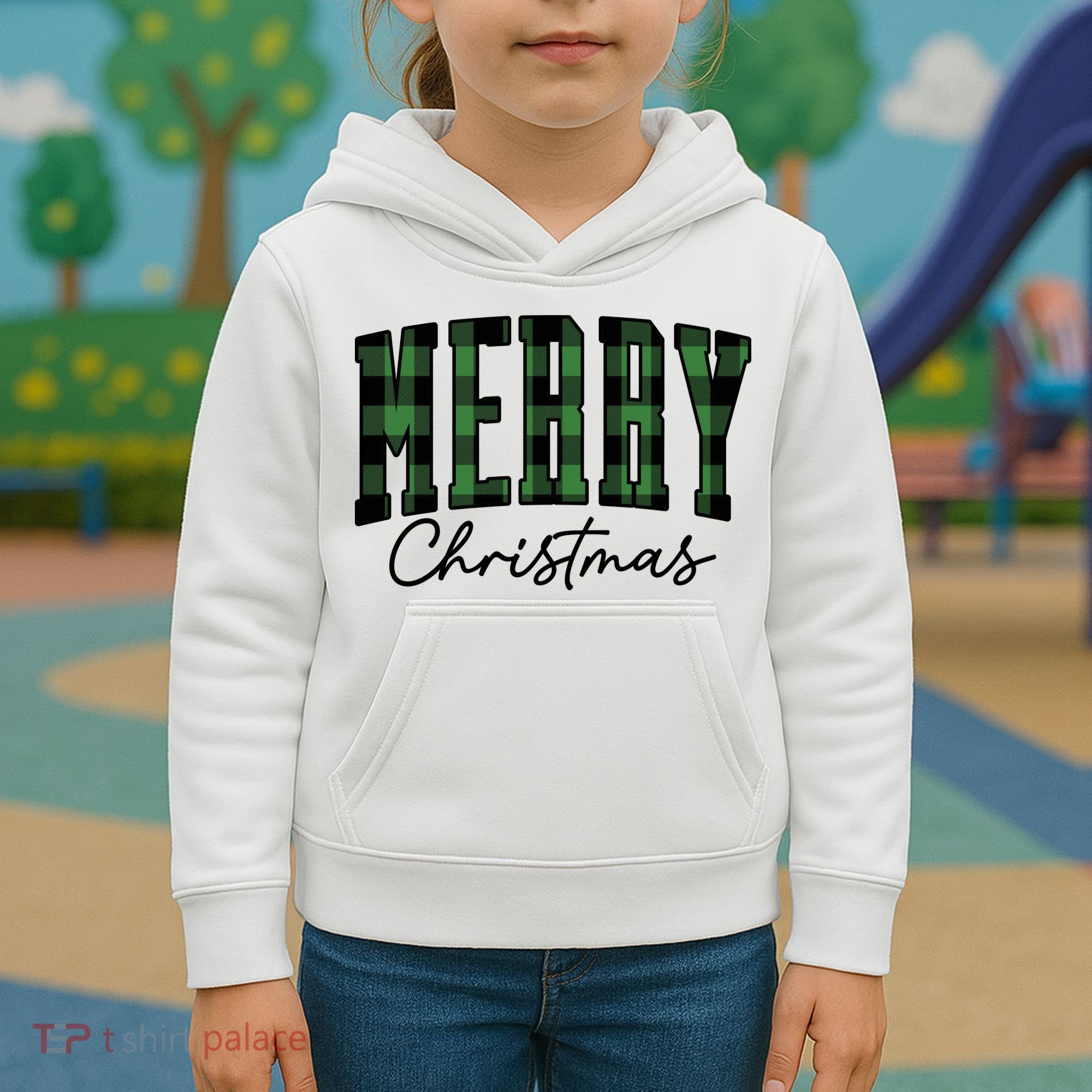 Merry Christmas Cool Green Plaid Kids Hoodie