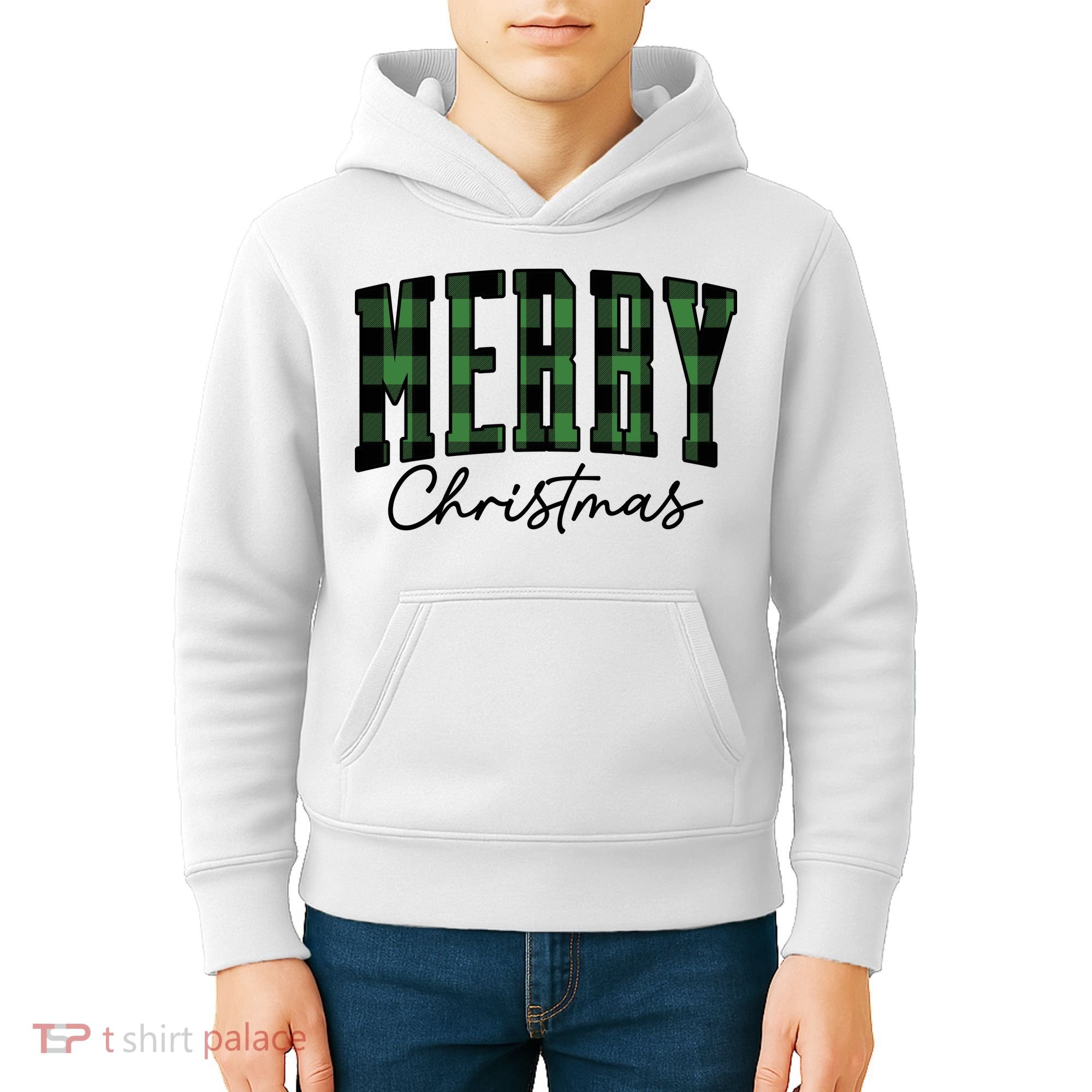Merry Christmas Cool Green Plaid Kids Hoodie