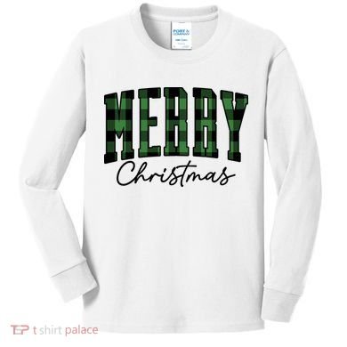 Merry Christmas Cool Green Plaid Kids Long Sleeve Shirt