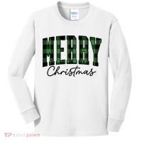 Merry Christmas Cool Green Plaid Kids Long Sleeve Shirt thumb 0