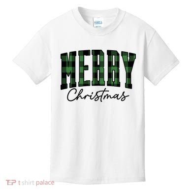 Merry Christmas Cool Green Plaid Kids T-Shirt