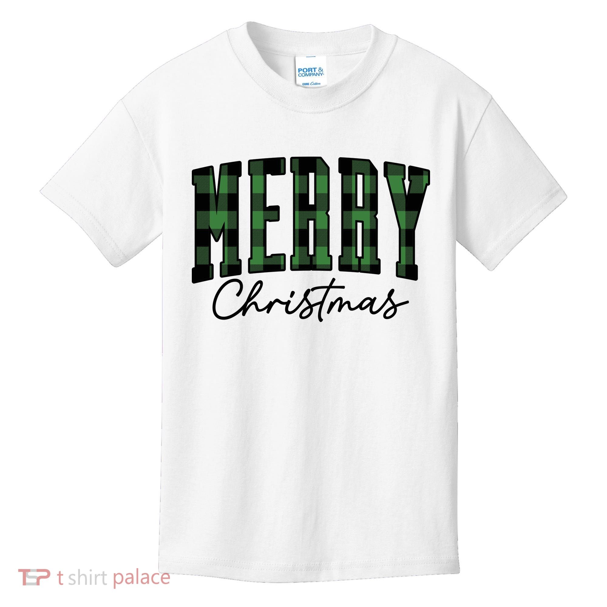 Merry Christmas Cool Green Plaid Kids T-Shirt