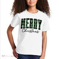 Merry Christmas Cool Green Plaid Kids T-Shirt thumb 2
