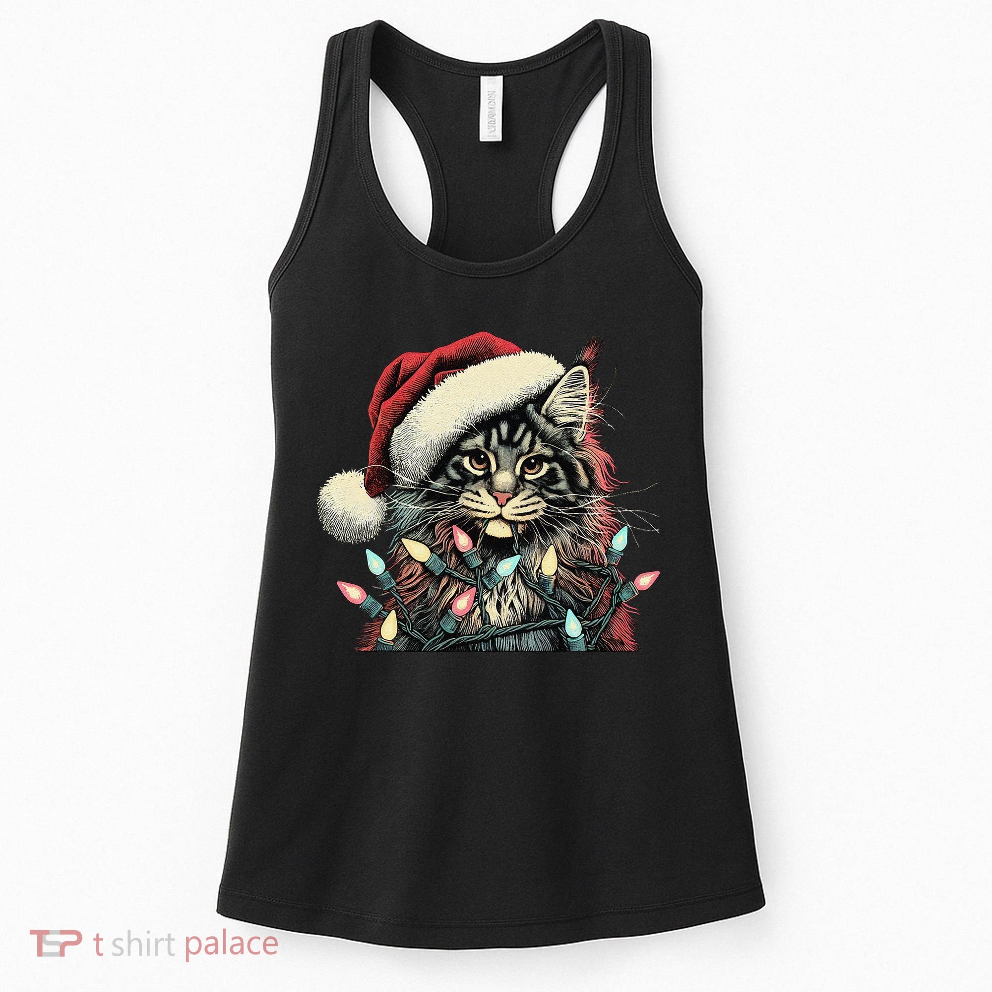 Maine Coon Cat Chew Christmas Light Xmas Holiday Funny Cute Women's Tank Top