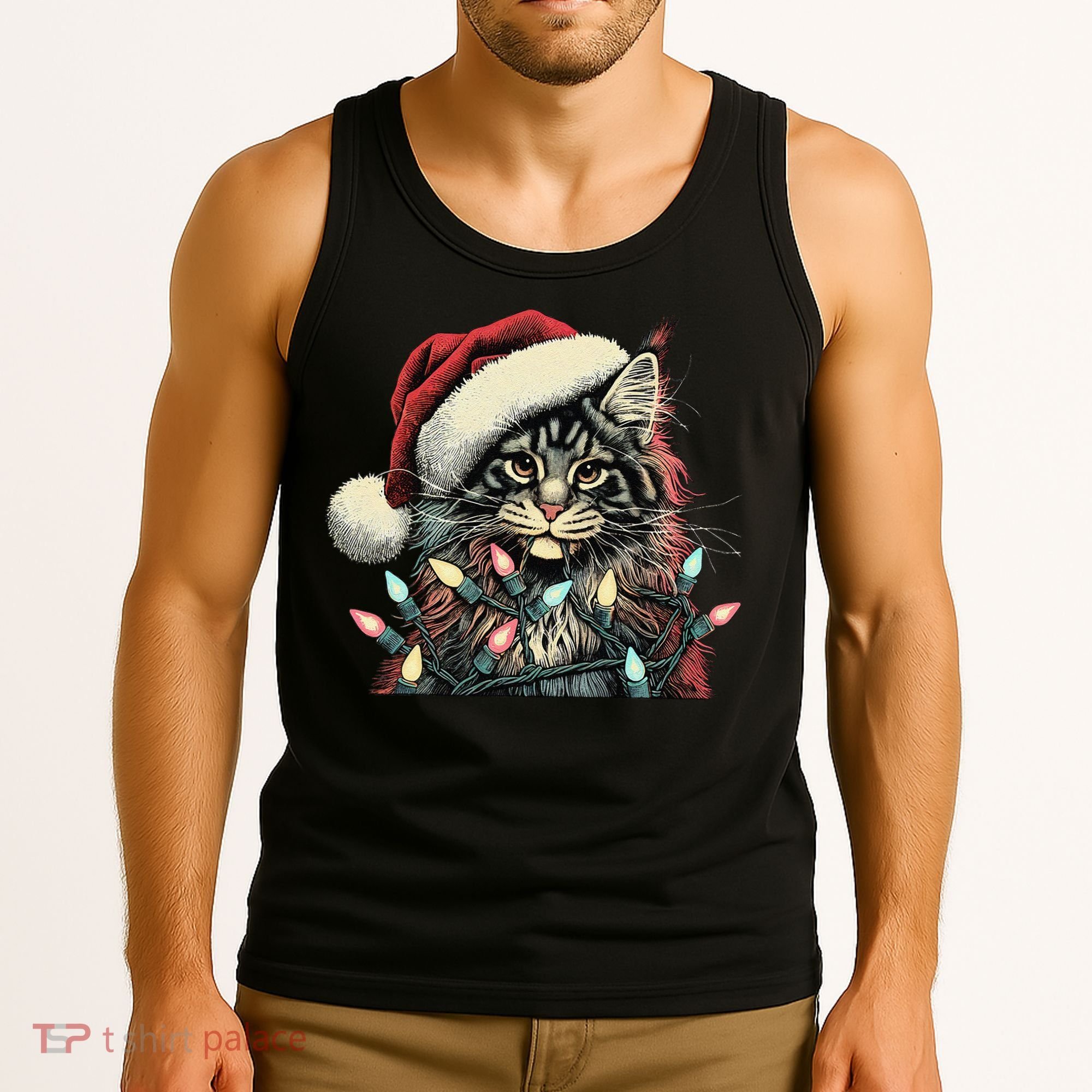 Maine Coon Cat Chew Christmas Light Xmas Holiday Funny Cute Tank Top