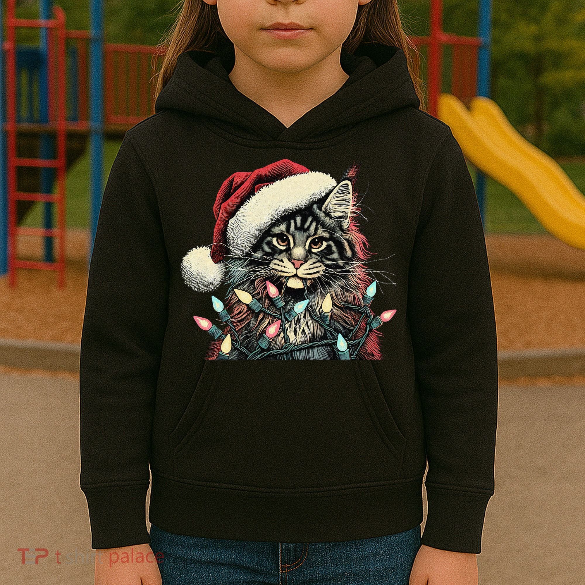 Maine Coon Cat Chew Christmas Light Xmas Holiday Funny Cute Kids Hoodie