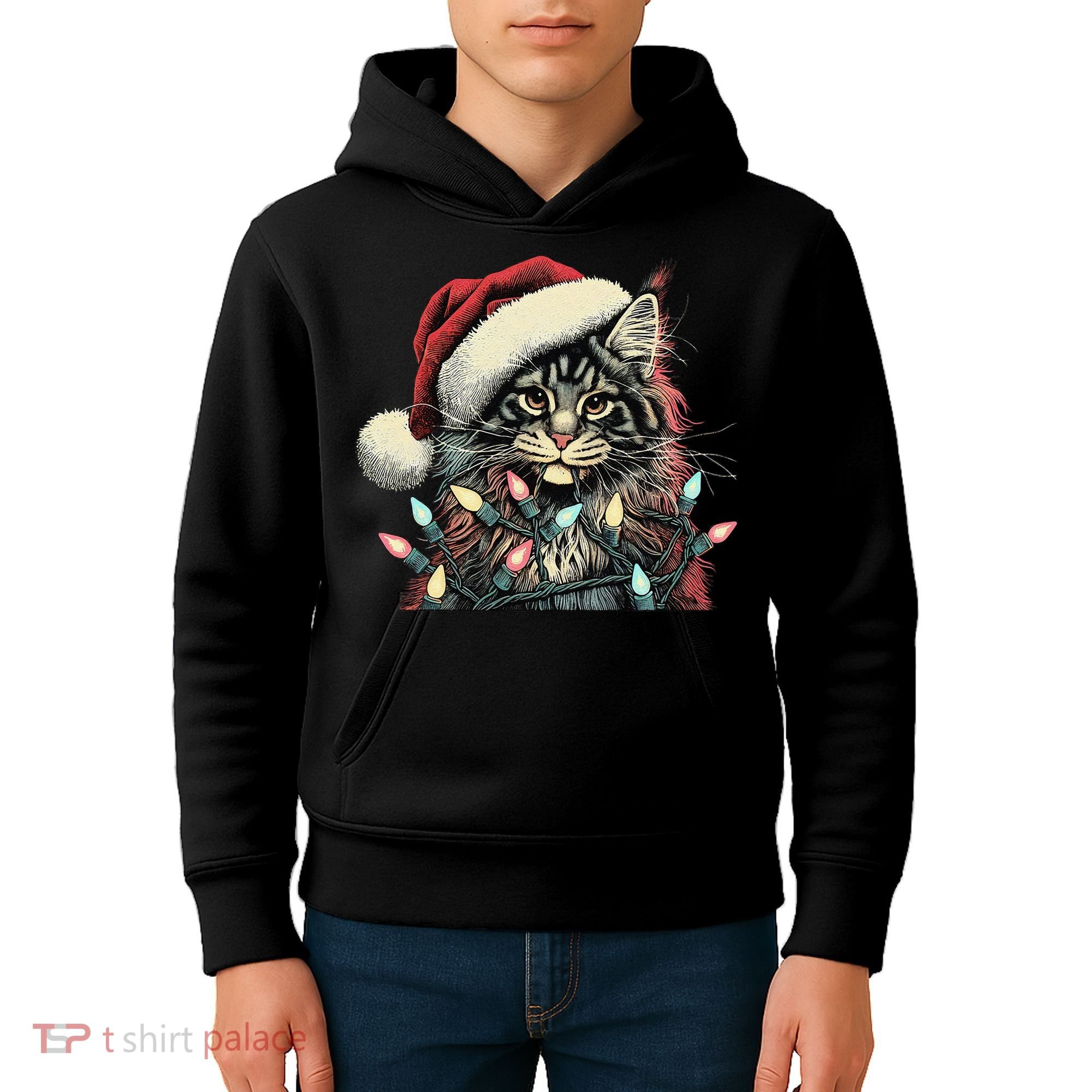 Maine Coon Cat Chew Christmas Light Xmas Holiday Funny Cute Kids Hoodie