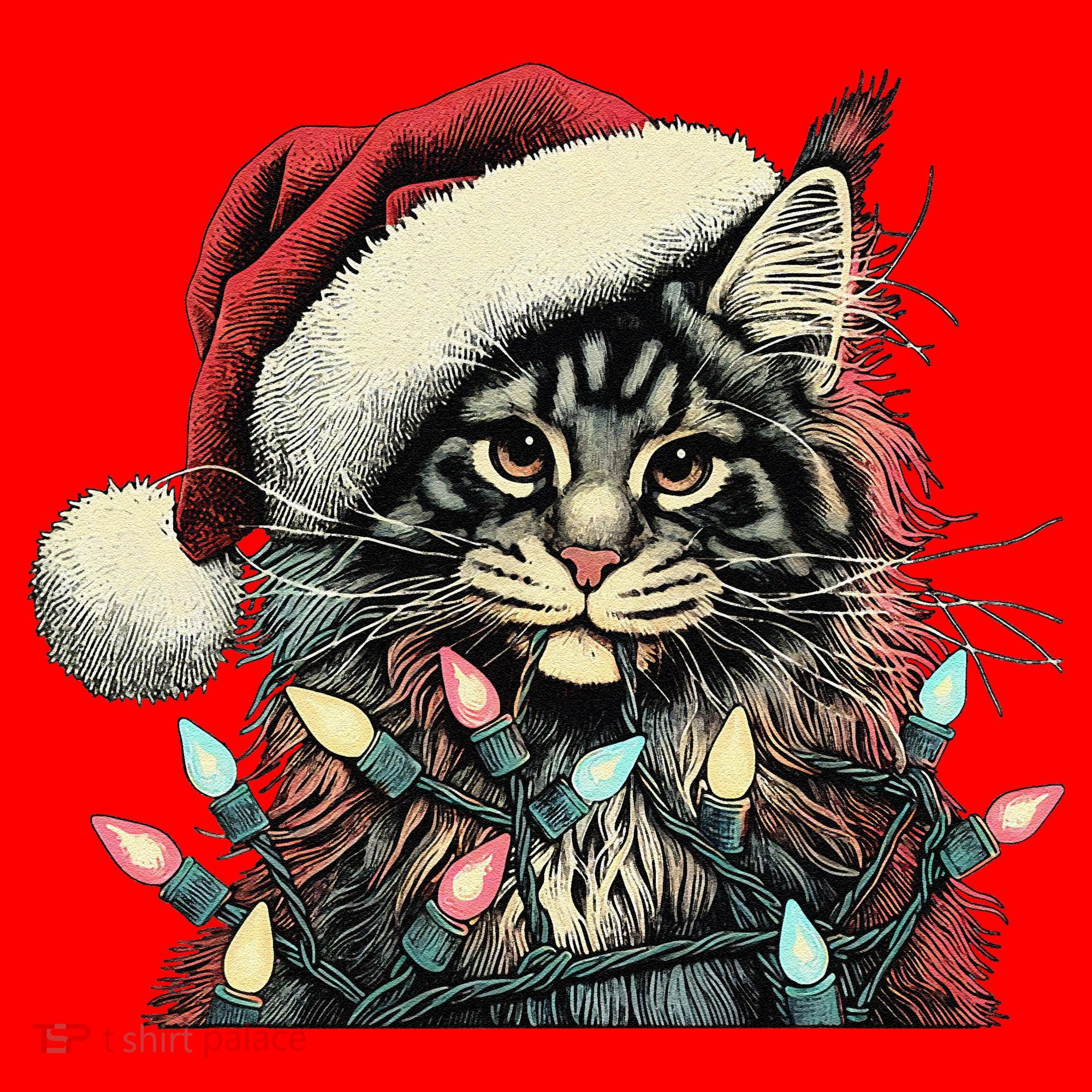 Maine Coon Cat Chew Christmas Light Xmas Holiday Funny Cute Santa Hat