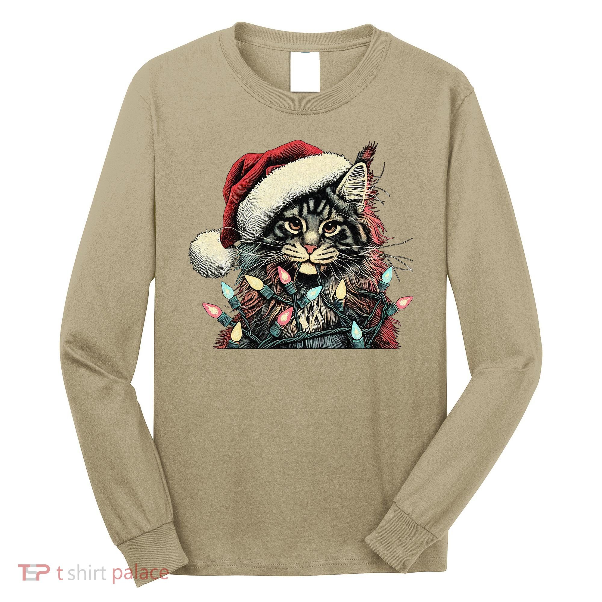 Maine Coon Cat Chew Christmas Light Xmas Holiday Funny Cute Long Sleeve Shirt