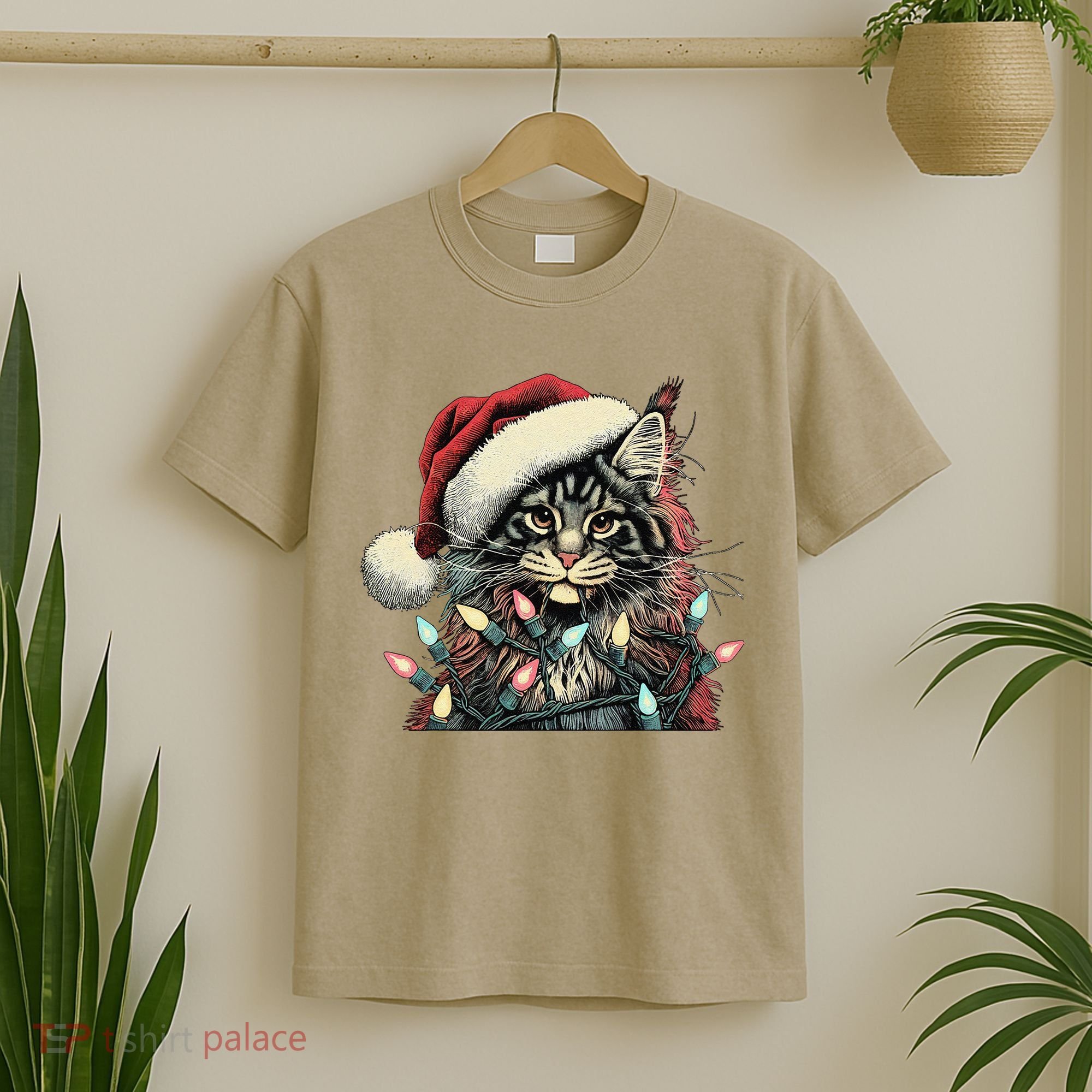 Maine Coon Cat Chew Christmas Light Xmas Holiday Funny Cute T-Shirt