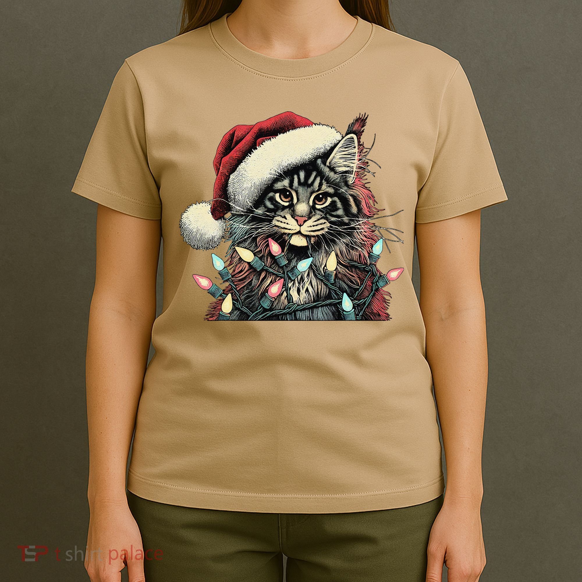 Maine Coon Cat Chew Christmas Light Xmas Holiday Funny Cute T-Shirt