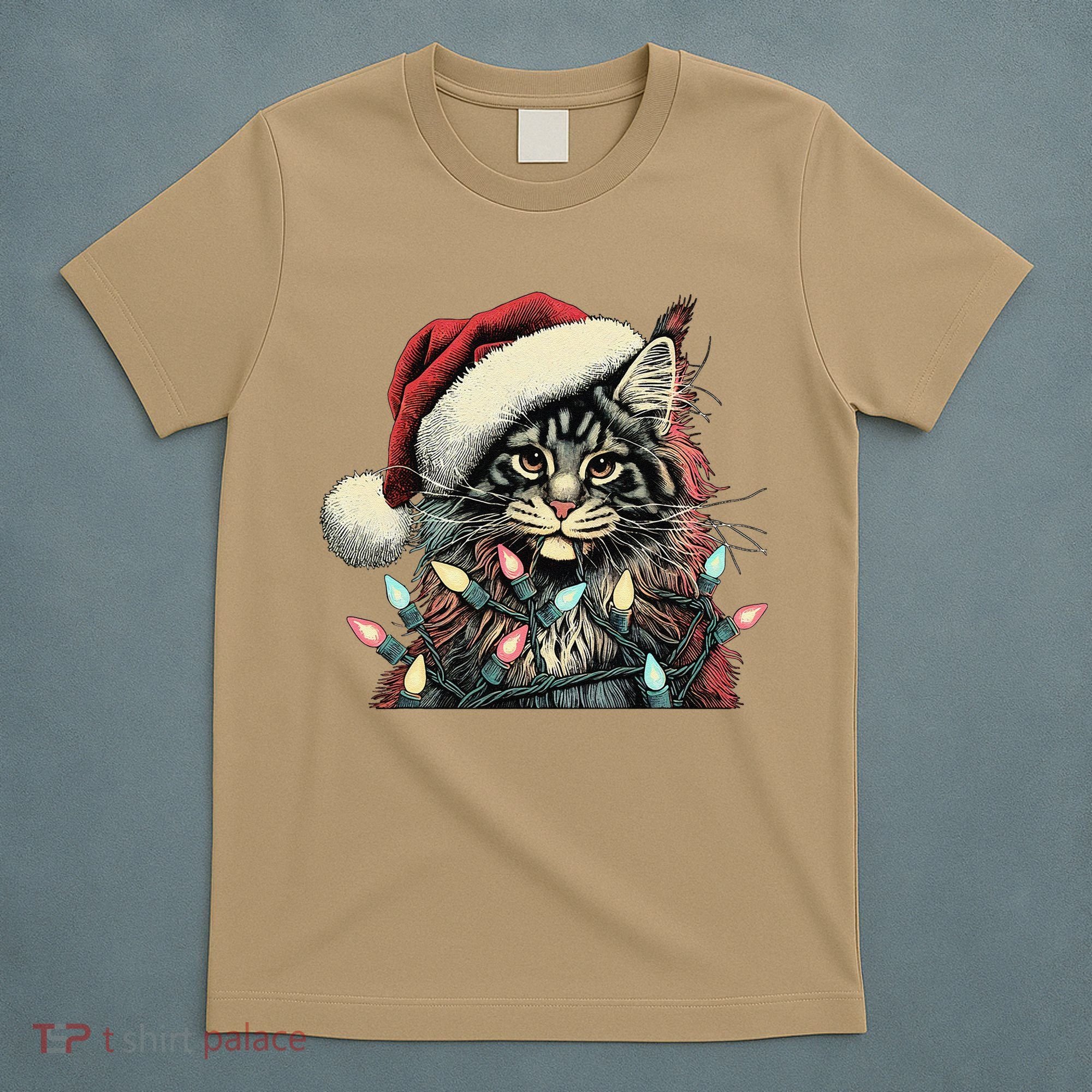 Maine Coon Cat Chew Christmas Light Xmas Holiday Funny Cute T-Shirt