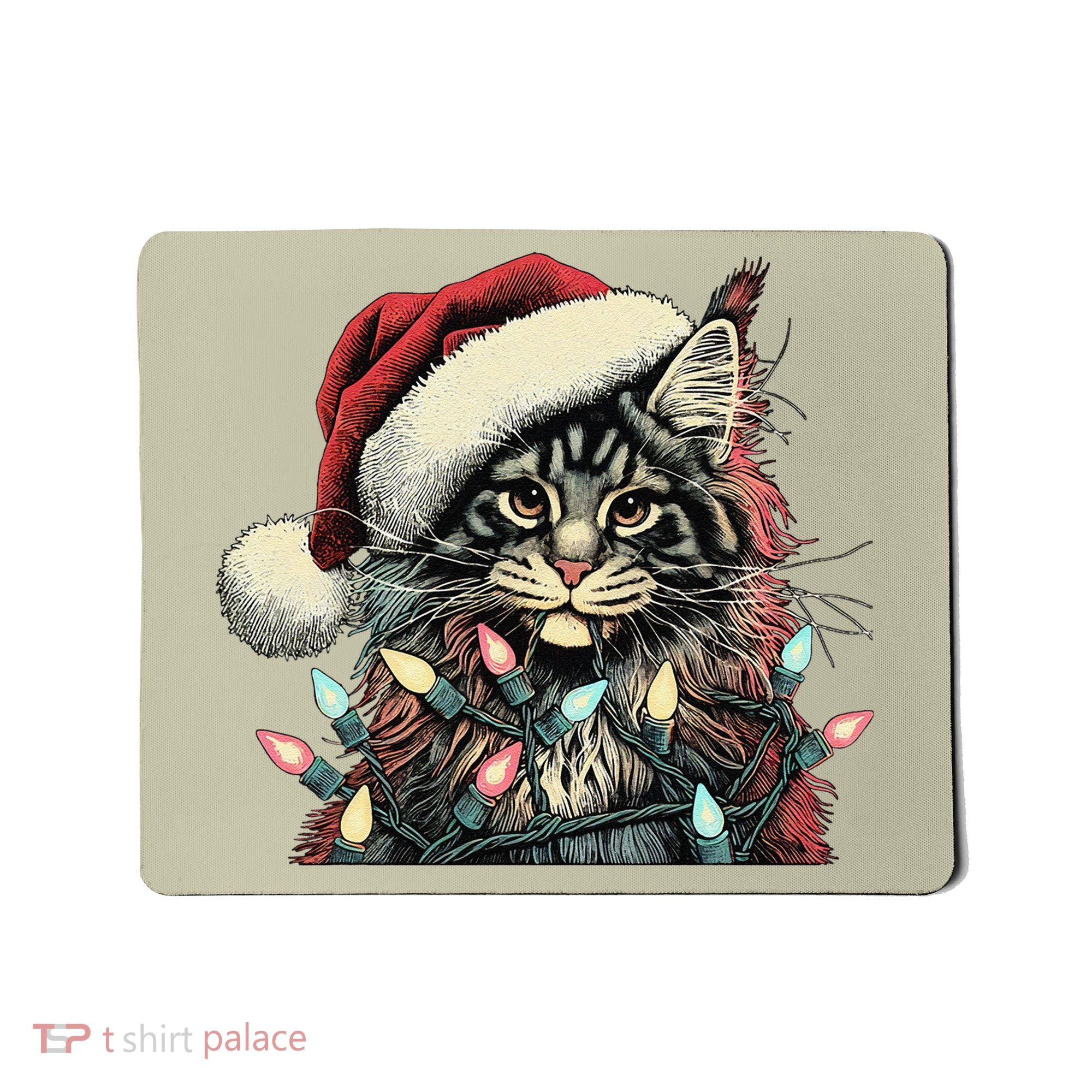 Maine Coon Cat Chew Christmas Light Xmas Holiday Funny Cute Mousepad