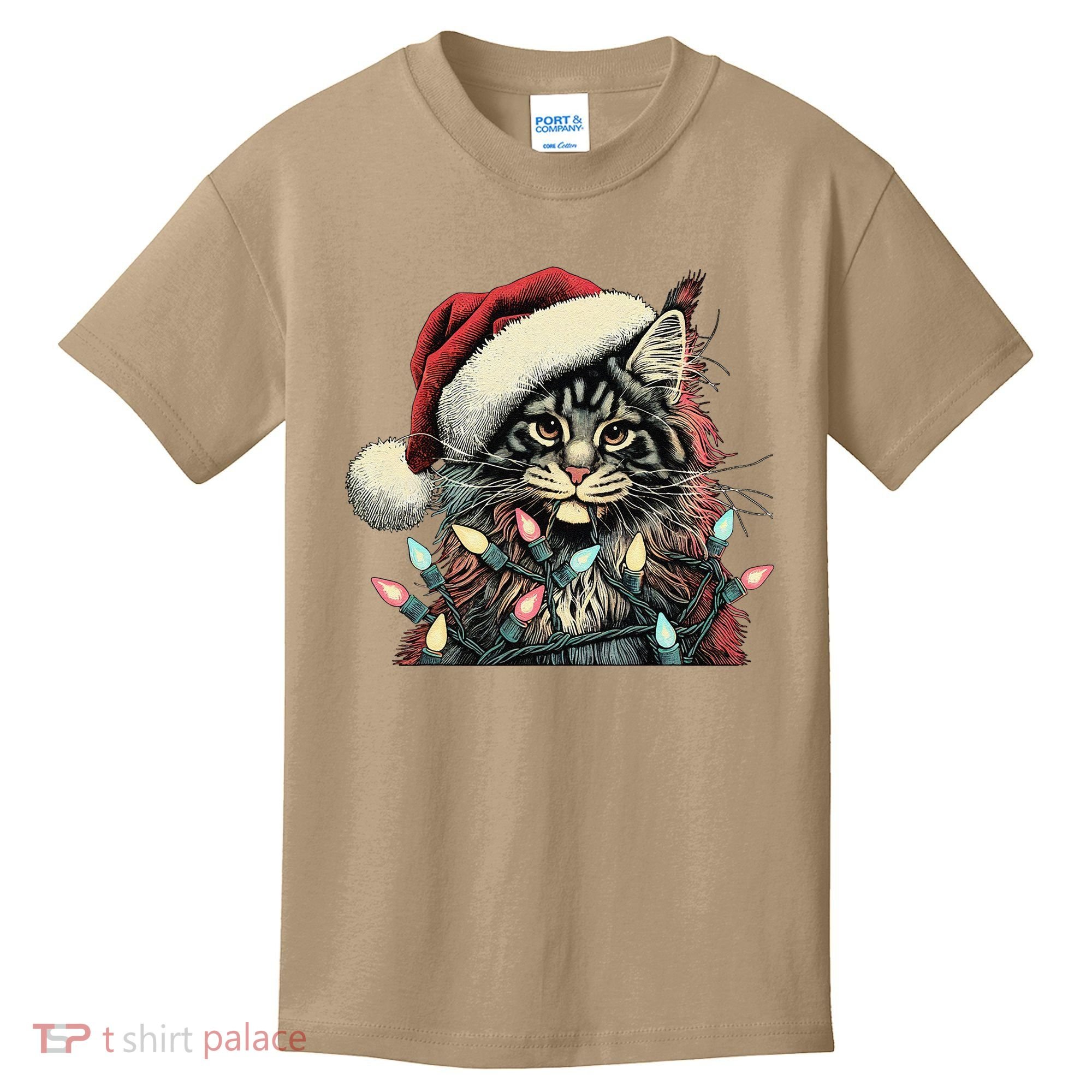 Maine Coon Cat Chew Christmas Light Xmas Holiday Funny Cute Kids T-Shirt