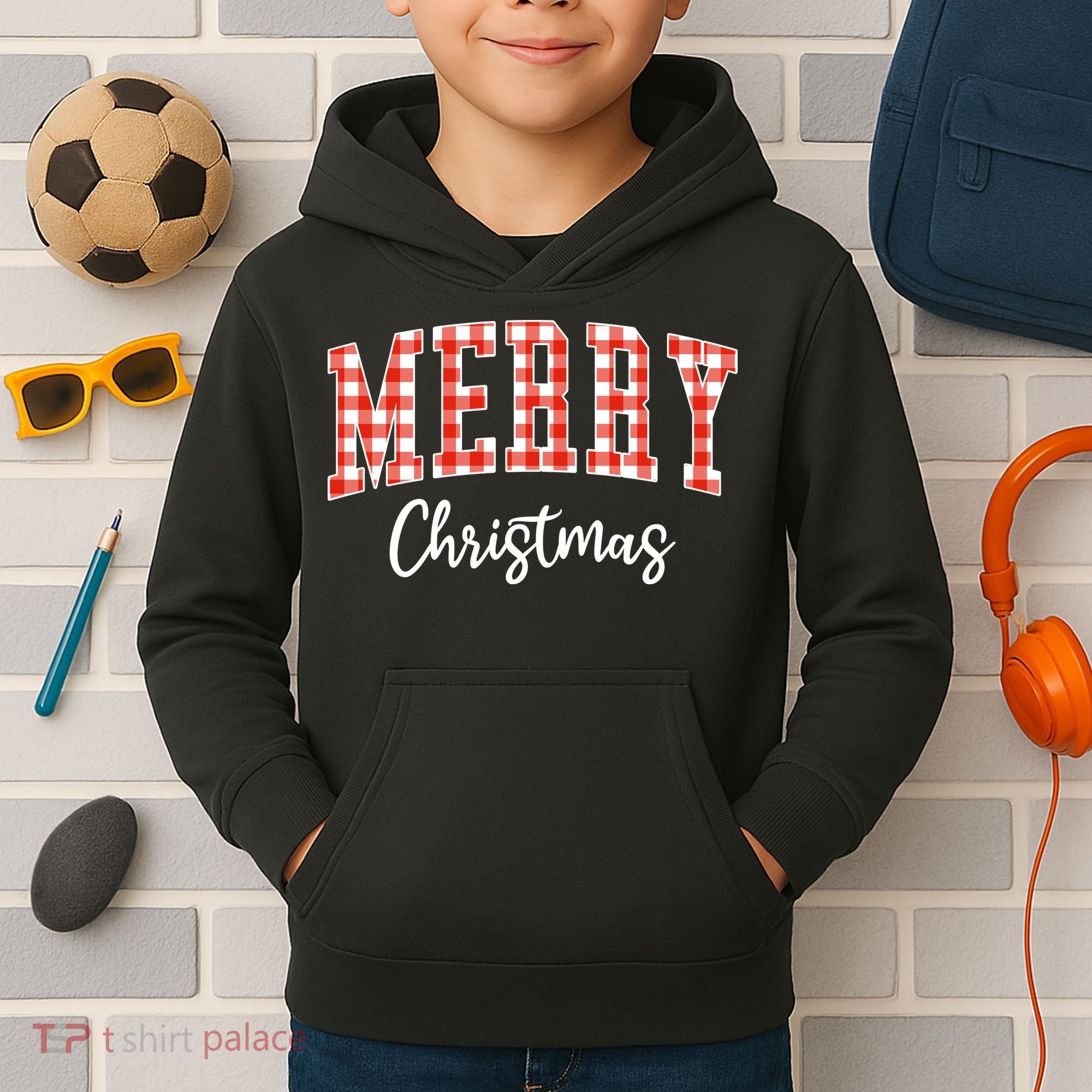 Merry Christmas Classic Checkered Kids Hoodie
