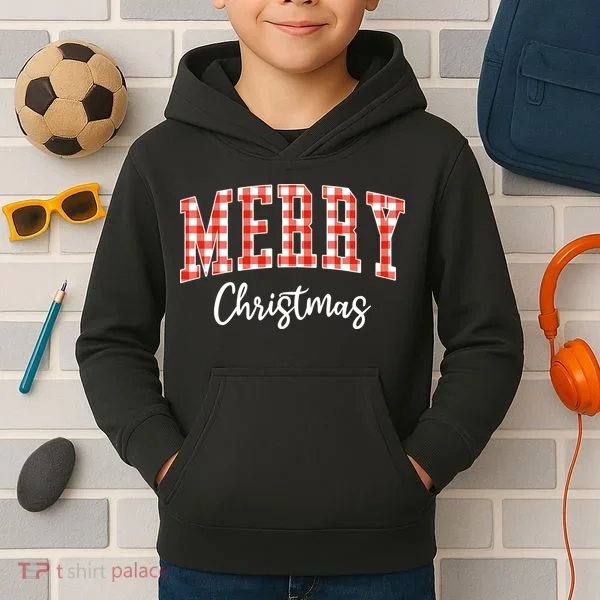 Merry Christmas Classic Checkered Kids Hoodie