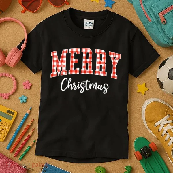 Merry Christmas Classic Checkered Kids T-Shirt