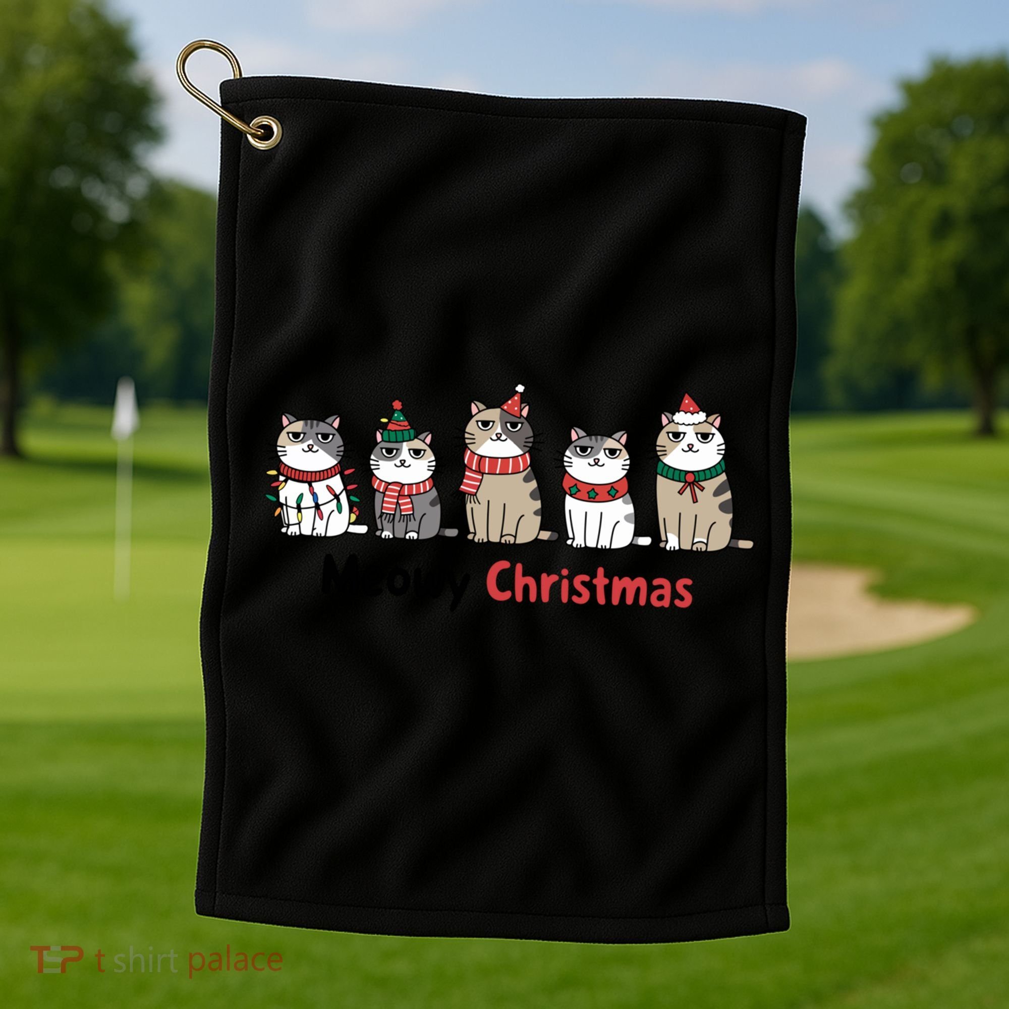 Meowy Christmas Cute Santa Funny Cat Lover Gift Golf Towel