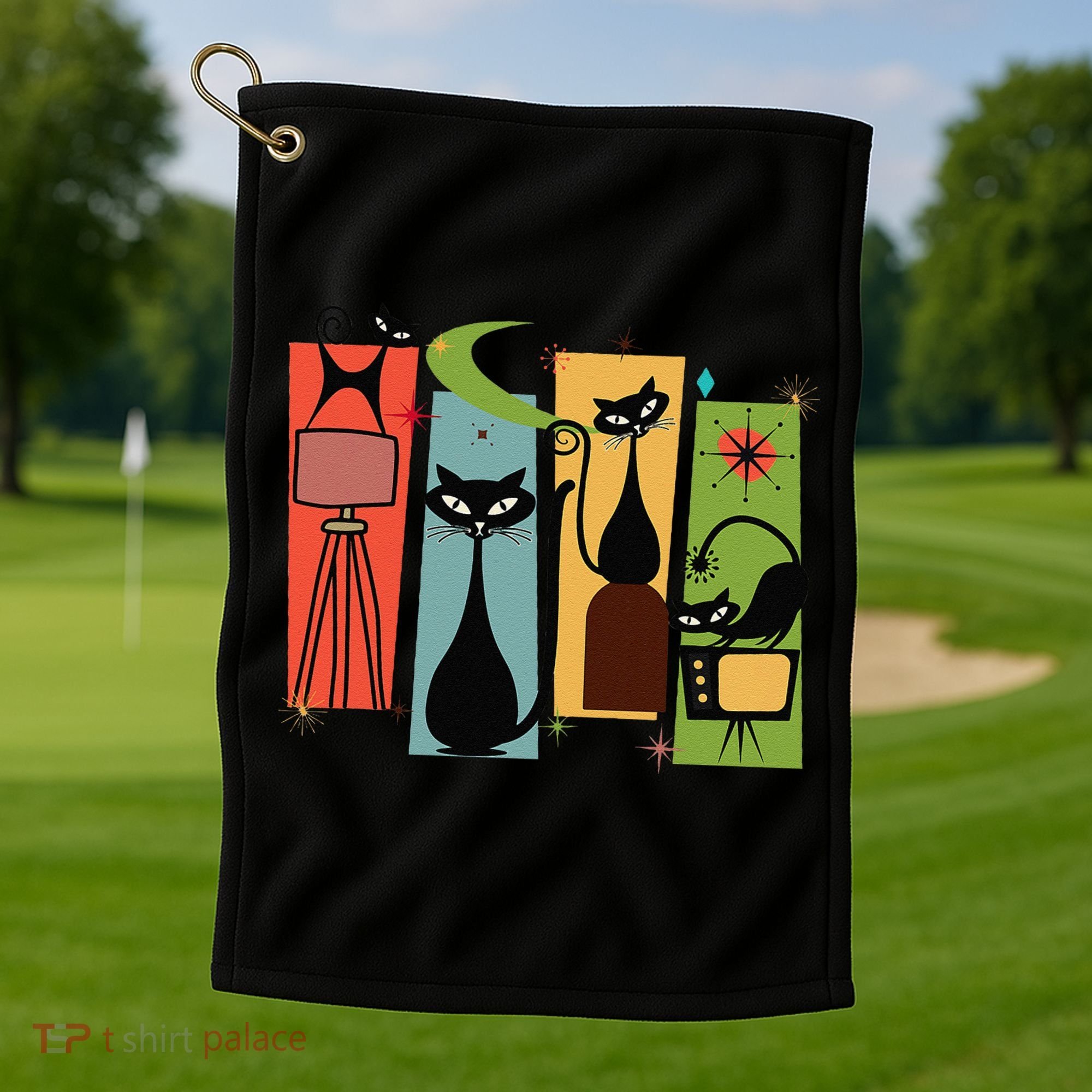 Mid Century Cat Retro Atomic Age Space Modern Midcentury 50s Golf Towel