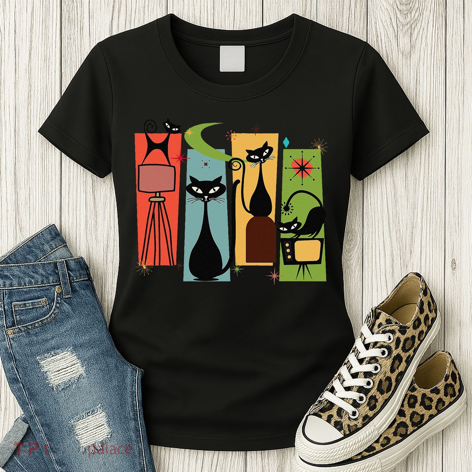 Mid Century Cat Retro Atomic Age Space Modern Midcentury 50s Women's T-Shirt