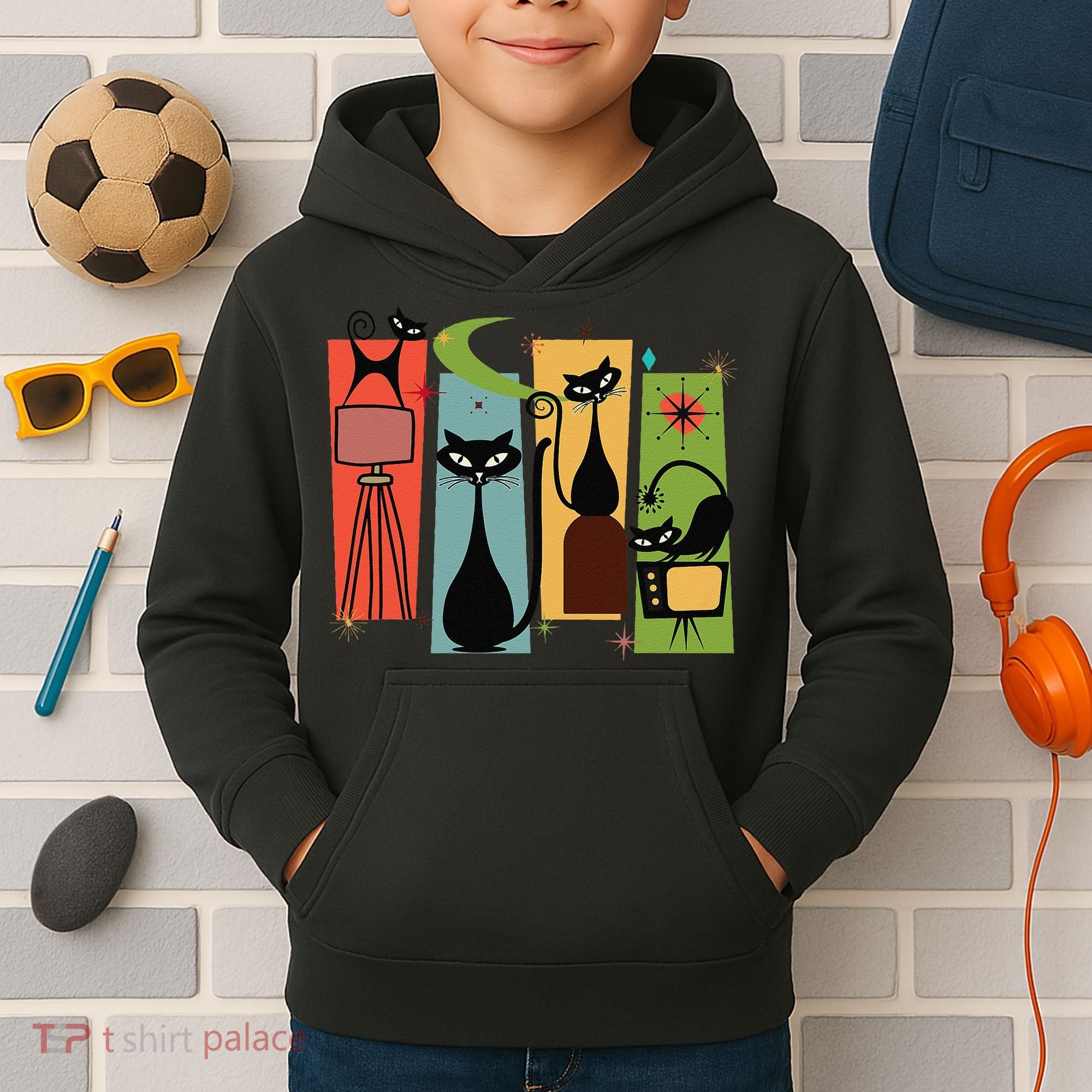 Mid Century Cat Retro Atomic Age Space Modern Midcentury 50s Kids Hoodie