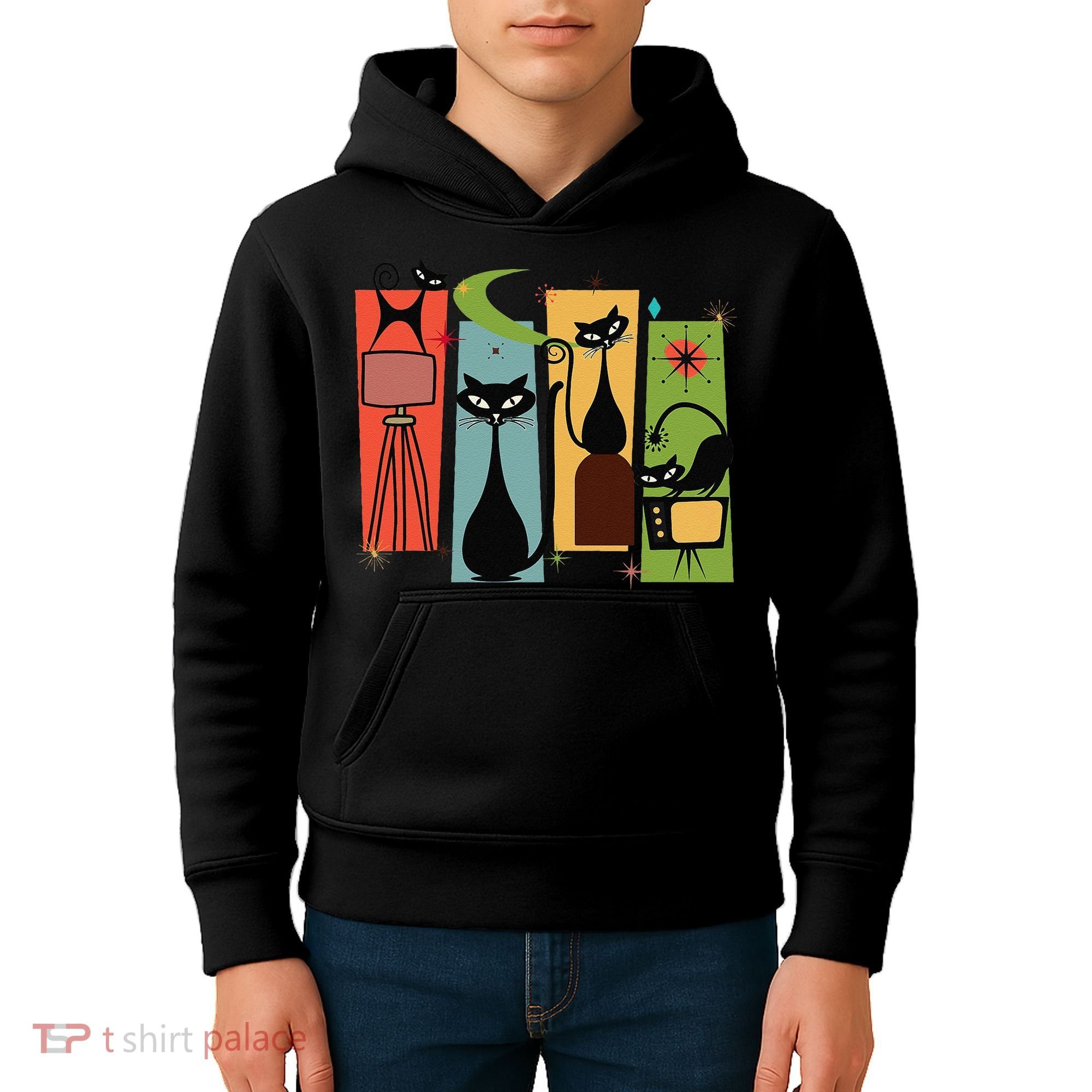 Mid Century Cat Retro Atomic Age Space Modern Midcentury 50s Kids Hoodie