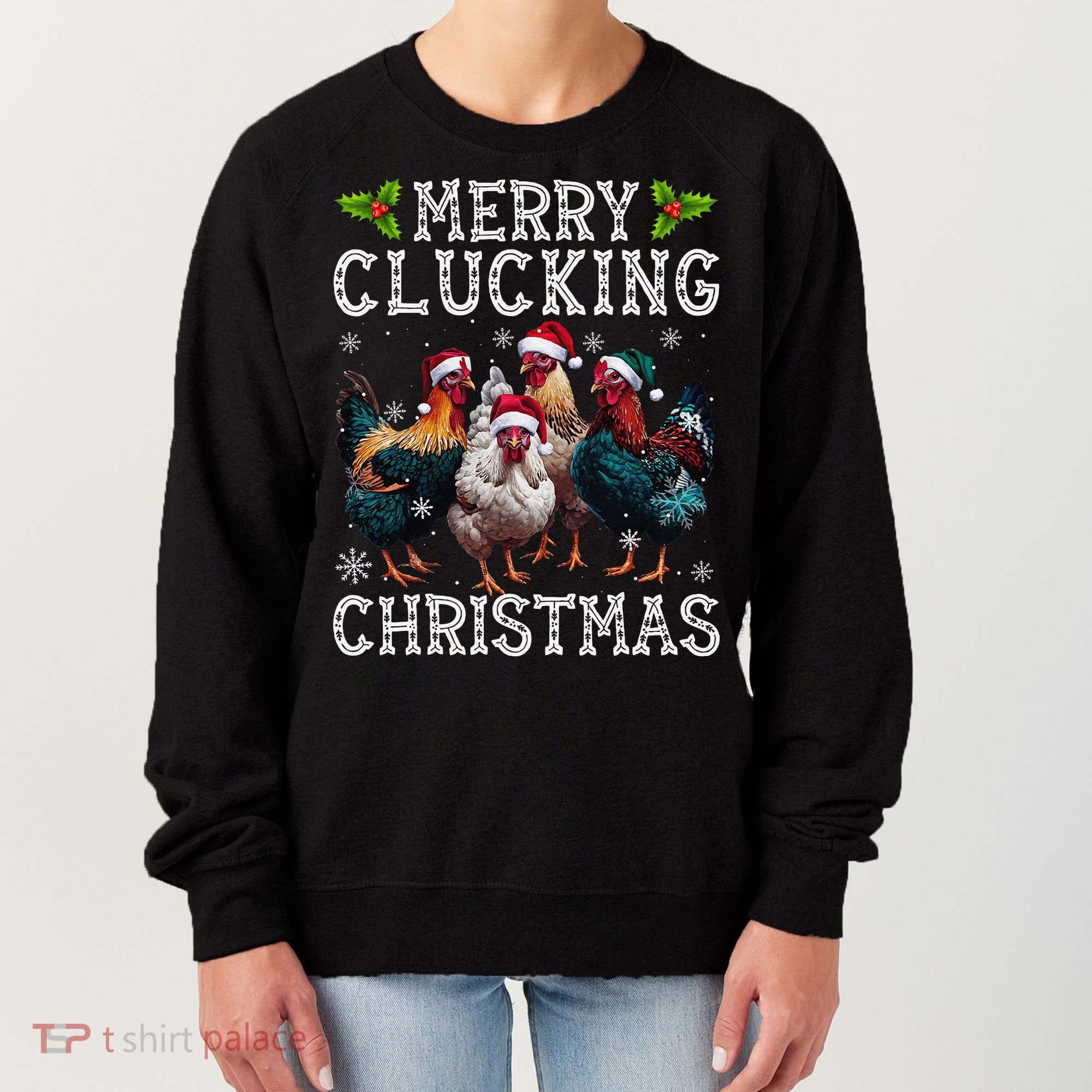 Merry Clucking Christmas Funny Chicken Lights Santa Hat Xmas Women's Sweatshirt