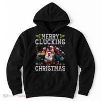 Merry Clucking Christmas Funny Chicken Lights Santa Hat Xmas Hoodie thumb 0