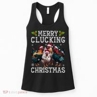 Merry Clucking Christmas Funny Chicken Lights Santa Hat Xmas Women's Tank Top thumb 0