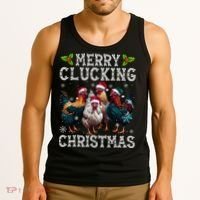 Merry Clucking Christmas Funny Chicken Lights Santa Hat Xmas Tank Top thumb 3