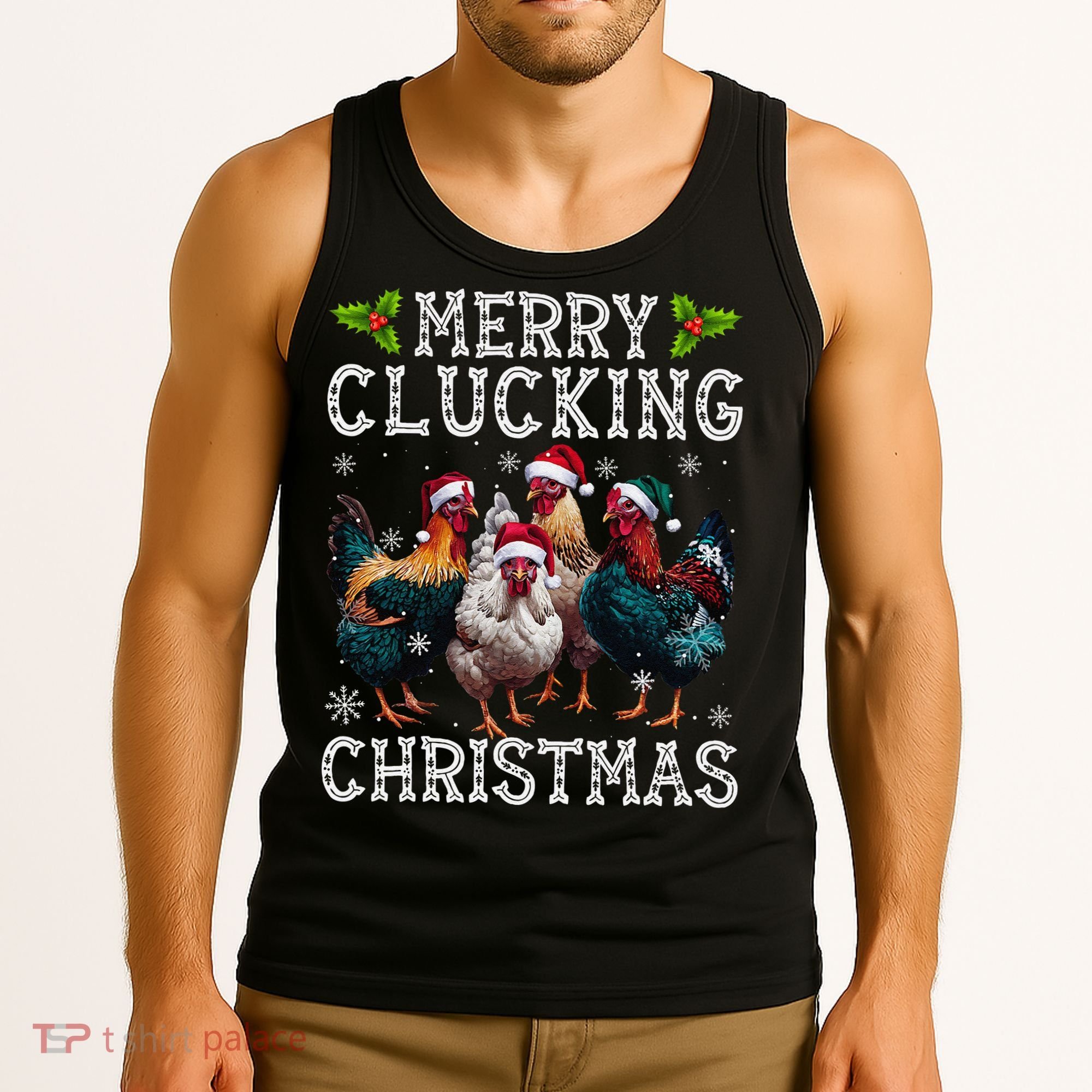 Merry Clucking Christmas Funny Chicken Lights Santa Hat Xmas Tank Top