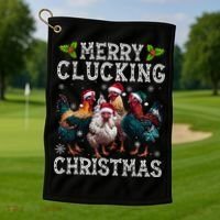 Merry Clucking Christmas Funny Chicken Lights Santa Hat Xmas Golf Towel thumb 1
