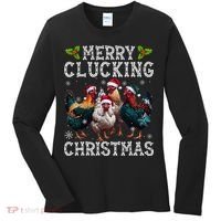 Merry Clucking Christmas Funny Chicken Lights Santa Hat Xmas Women's Long Sleeve Shirt thumb 0