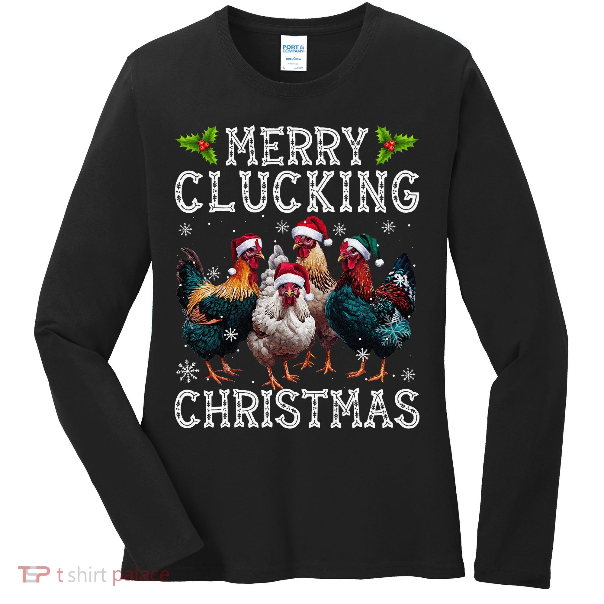 Merry Clucking Christmas Funny Chicken Lights Santa Hat Xmas Women's Long Sleeve Shirt