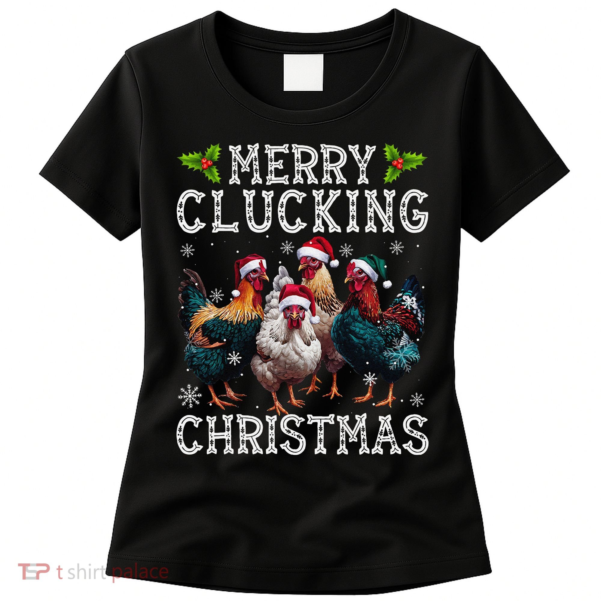 Merry Clucking Christmas Funny Chicken Lights Santa Hat Xmas Women's T-Shirt