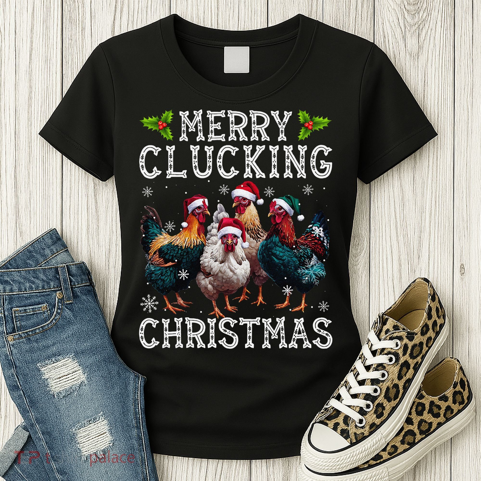 Merry Clucking Christmas Funny Chicken Lights Santa Hat Xmas Women's T-Shirt
