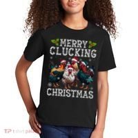 Merry Clucking Christmas Funny Chicken Lights Santa Hat Xmas Kids T-Shirt thumb 2