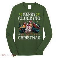 Merry Clucking Christmas Funny Chicken Lights Santa Hat Xmas Long Sleeve Shirt thumb 0