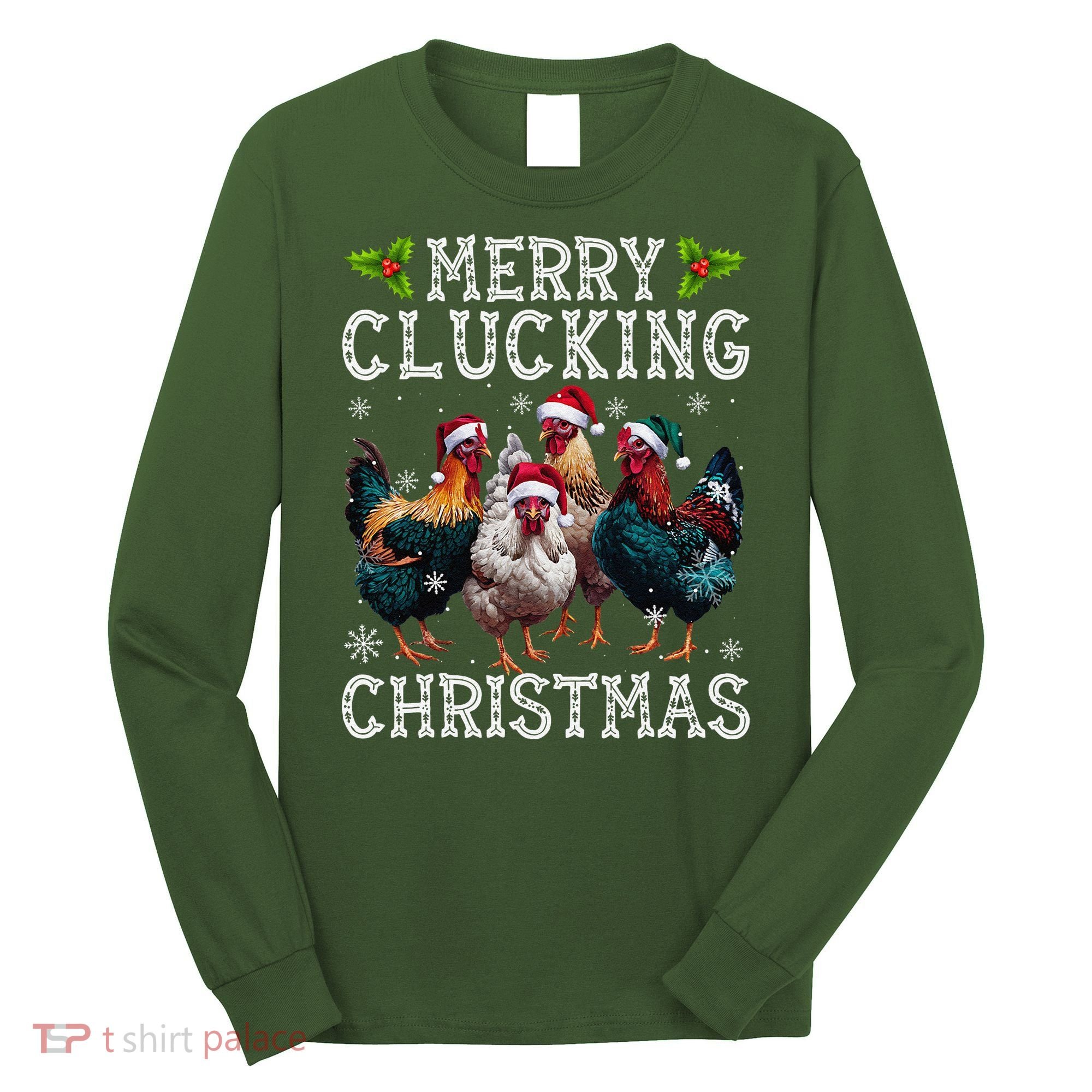 Merry Clucking Christmas Funny Chicken Lights Santa Hat Xmas Long Sleeve Shirt