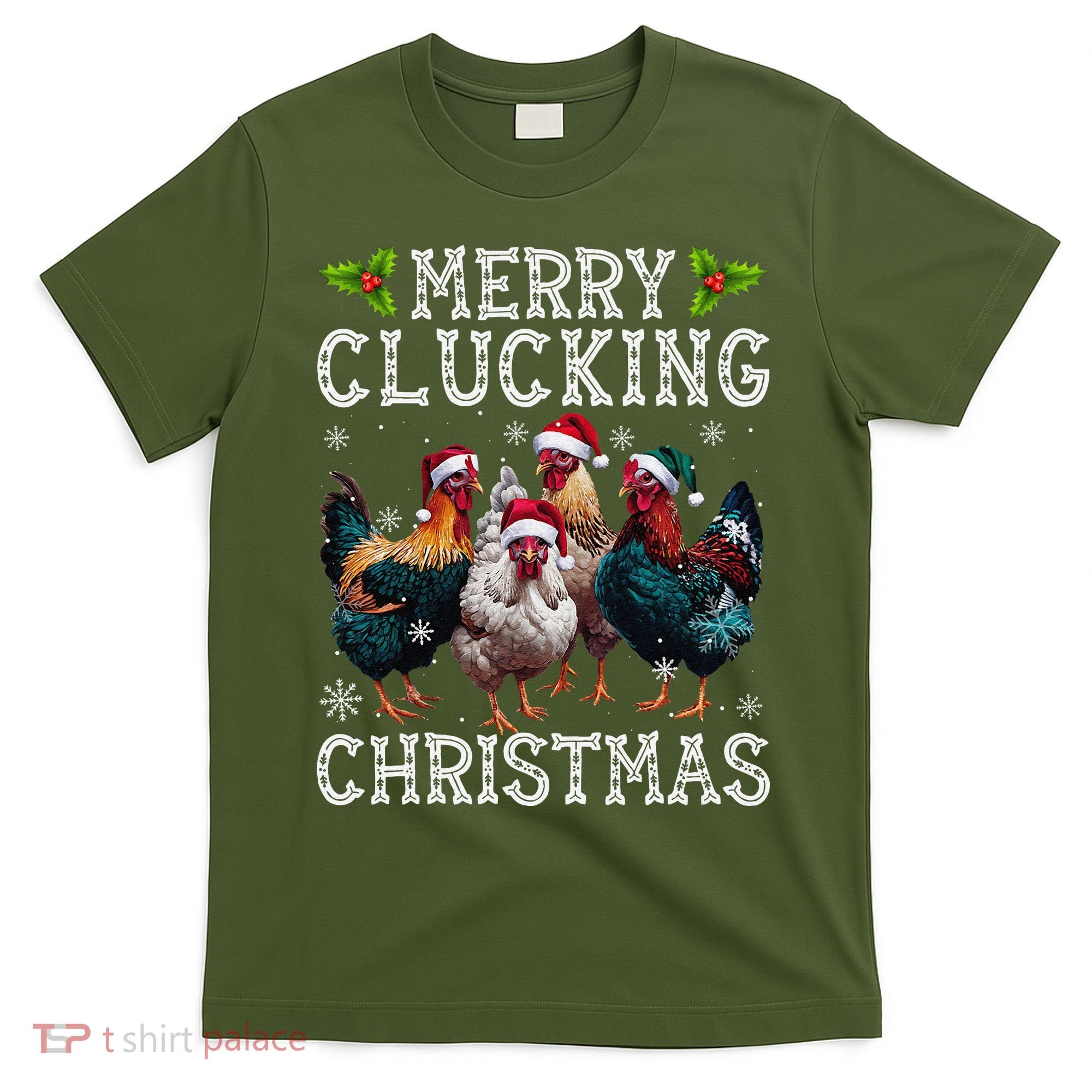 Merry Clucking Christmas Funny Chicken Lights Santa Hat Xmas T-Shirt