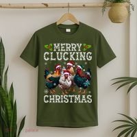 Merry Clucking Christmas Funny Chicken Lights Santa Hat Xmas T-Shirt thumb 2