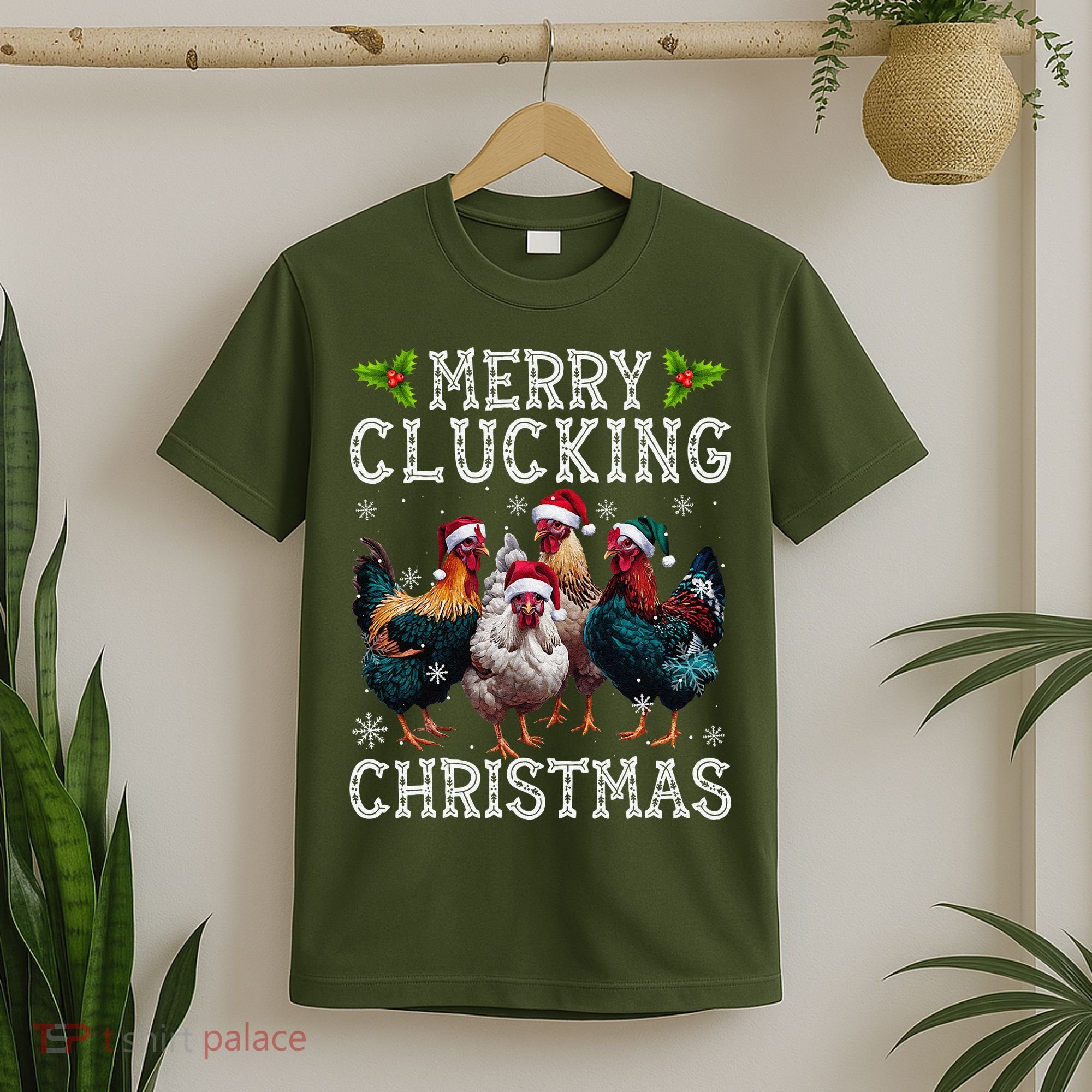 Merry Clucking Christmas Funny Chicken Lights Santa Hat Xmas T-Shirt