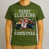 Merry Clucking Christmas Funny Chicken Lights Santa Hat Xmas T-Shirt thumb 3